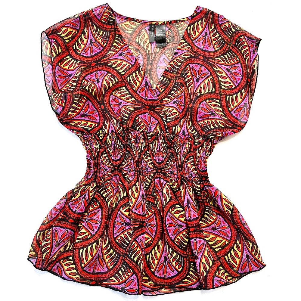 Bisou Bisou Floral V-Neck Blouse Women’s Size Medium Smocked Waist Capped Sleeve